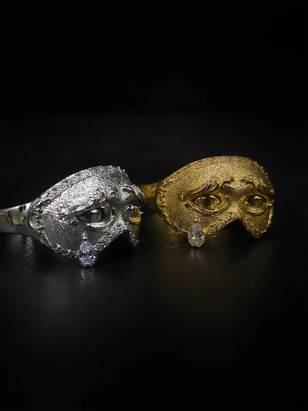 Venetian Mask Diamond Teardrop Ring With Purple Gemstone Crystals Eye